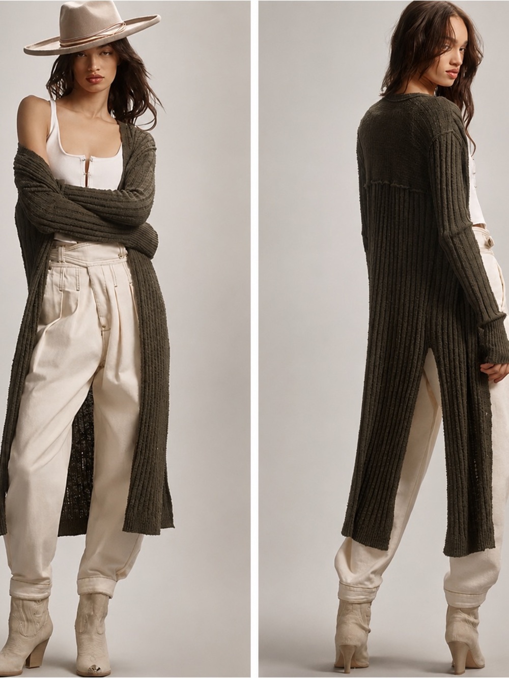 Pilcro Olive Green Gauzy Distressed Ribbed Longline Open Cardigan Sz S
